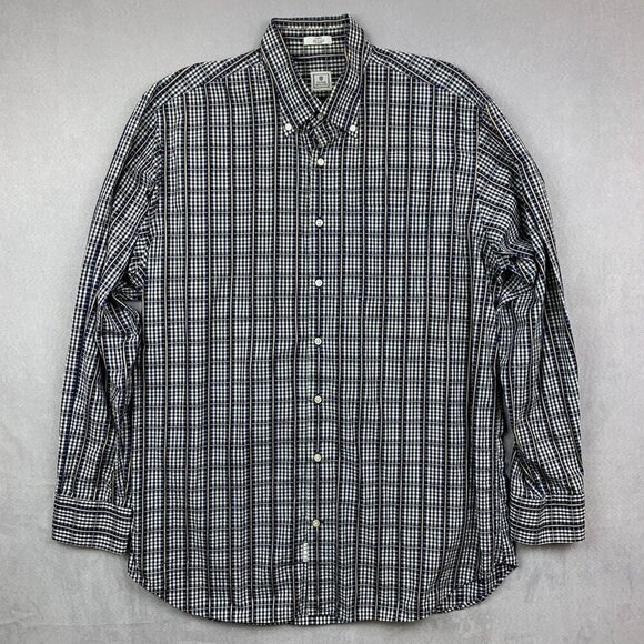 Peter Millar Mens Shirt Large Blue Gold Plaid Button Up Long Sleeve Windowpane - Picture 1 of 7